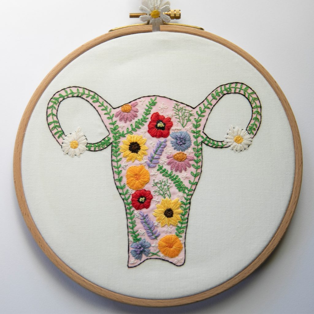 an embroidery of a uterus full of flowers