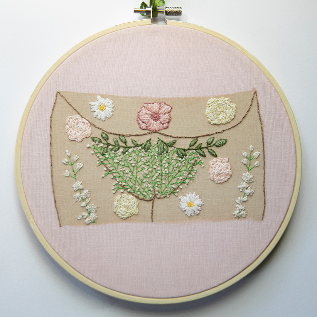 an embroidery of a vulva covered in flowers